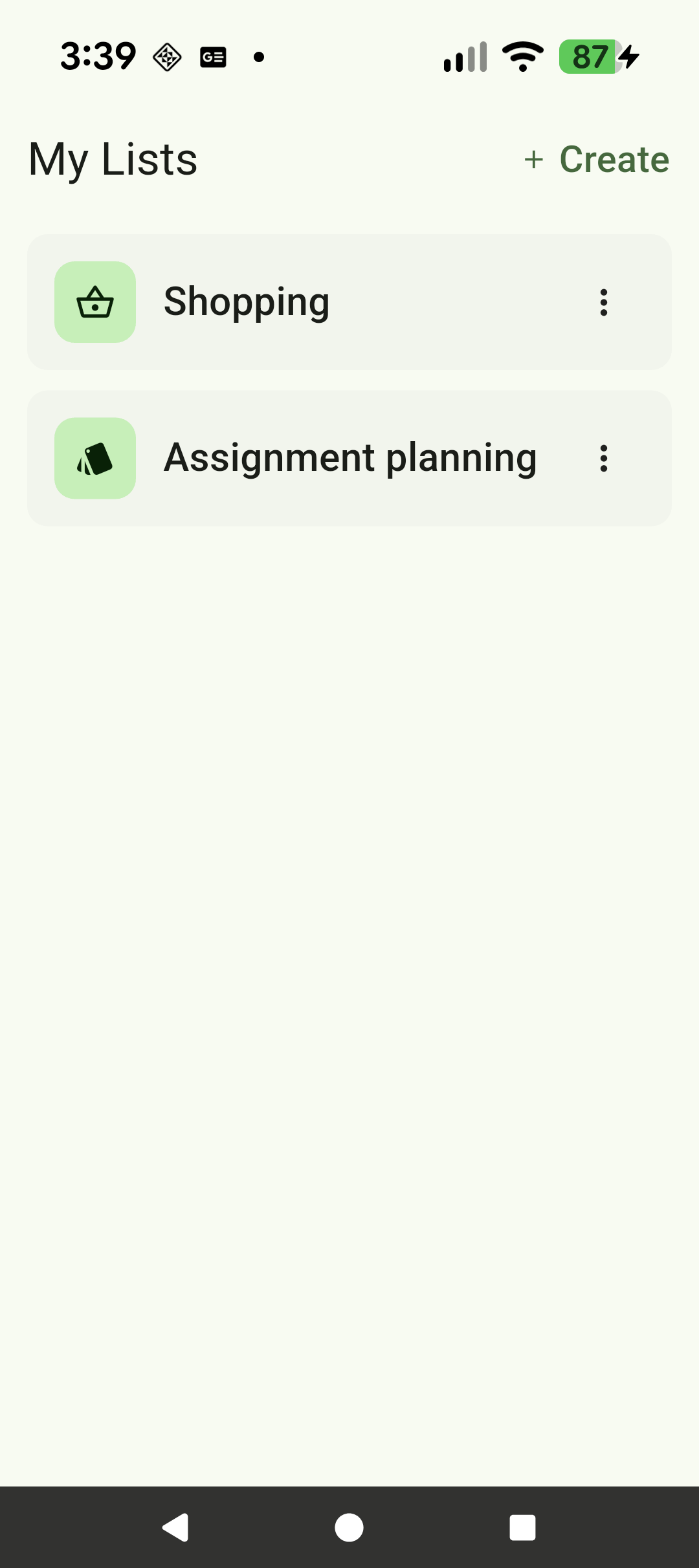The home screen showing several shopping lists with custom icons
