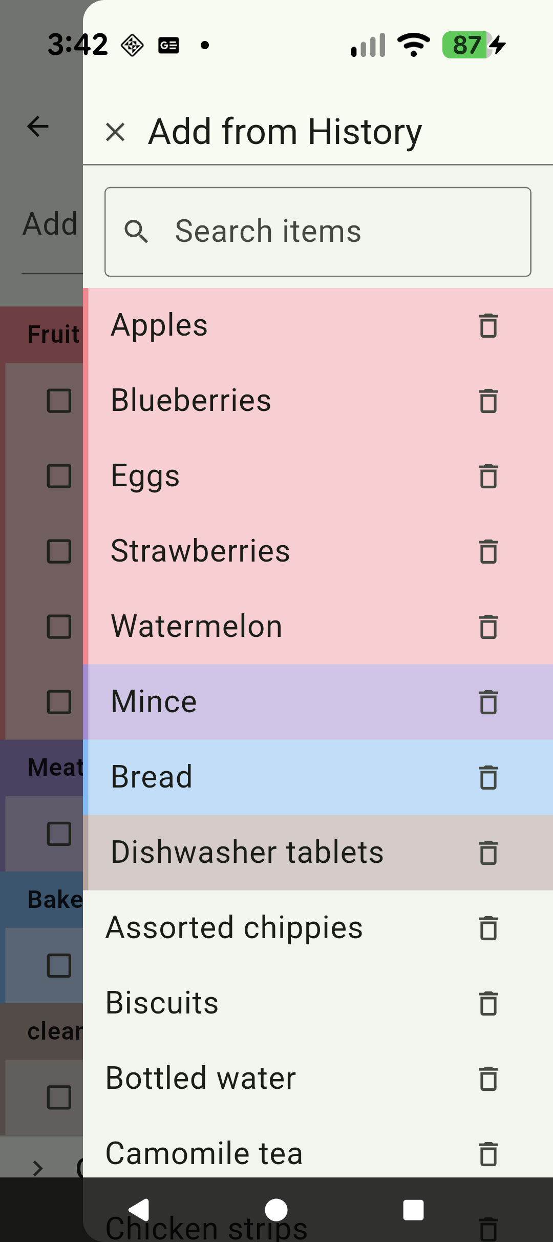 A list of previously purchased items ready to re-add