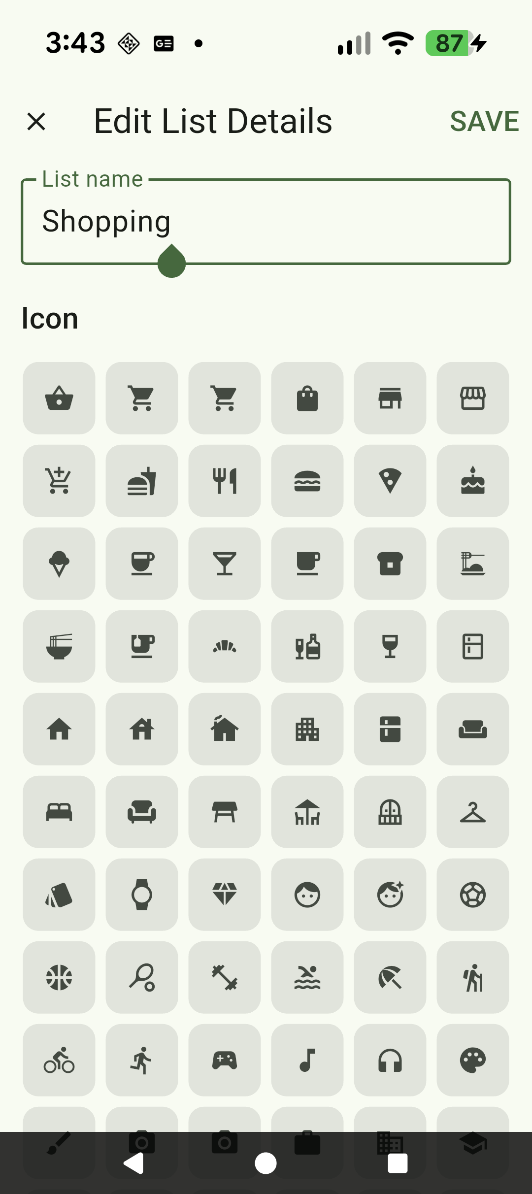 The icon picker showing a grid of icons for a list